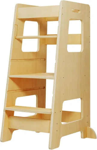 Vista 11 de Taburete de cocina para niños pequeños con alfombrilla antideslizante, Taburete de aprendizaje Montessori de madera para niños de Wood City, Torre