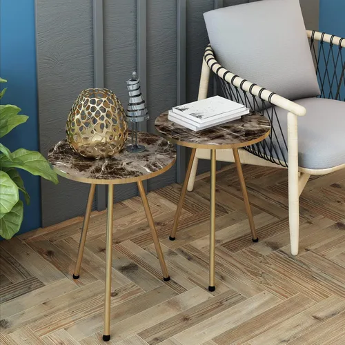 Vista 8 de Juego de 2 mesas auxiliares redondas de madera con aspecto de mármol, mesa auxiliar anidable para espacios pequeños, mesita de noche, mesa de noche