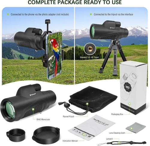 Vista 6 de Telescopio monocular impermeable 8x42 Prisma K9, para viajes, vida silvestre, observación de aves, caza, camping