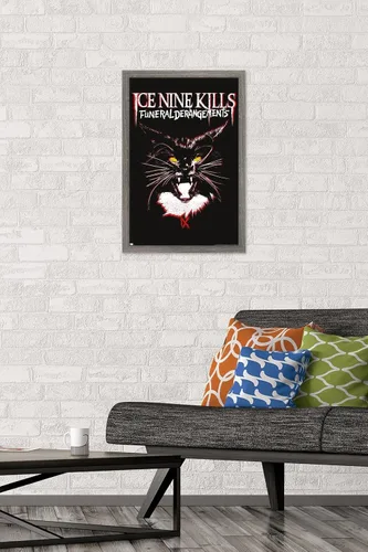 Vista 2 de Ice Nine Kills - Póster de pared con diseño de gato, 22.4 pulgadas de largo x 14.7 pulgadas de ancho, versión enmarcada de madera de granero Versión