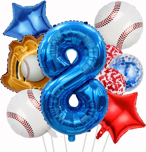 Vista 23 de Globos de béisbol de papel de aluminio para decoración de cumpleaños, globos con el número 2, globos de confeti de estrella roja y azul