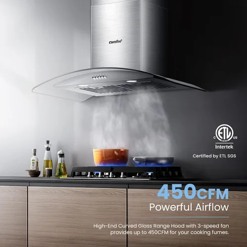 Vista 3 de COMFEE' CVG30W8AST Campana extractora montada en pared de 30 pulgadas con conducto, con ventilador de escape de 450 CFM de 3 velocidades, filtros