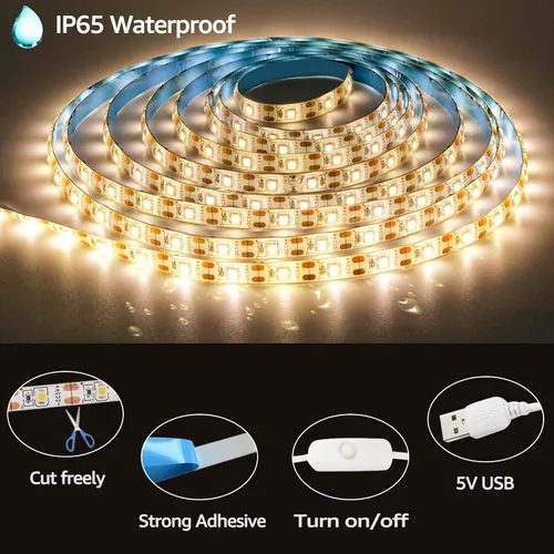 Vista 3 de Tira de luces LED de 5V USB 9.84 pies, 3500K blanco cálido, tira de luces LED flexible impermeable de SMD2835 con 180 LEDs, regulable, luz de tira