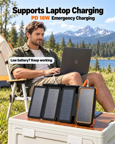 Vista 3 de BLAVOR Banco de energía solar 20,000mAh cargador portátil con 4 paneles Anaranjado encendido