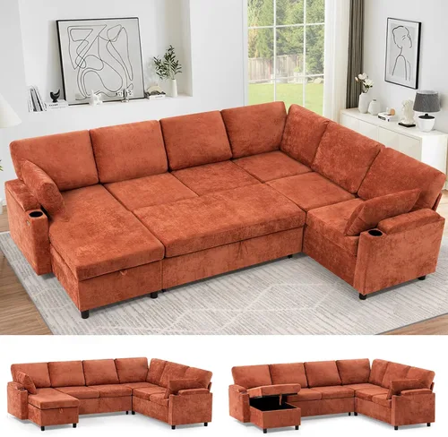 Vista 12 de Sofá modular de felpilla de 85 pulgadas con cama extraíble y Marrón