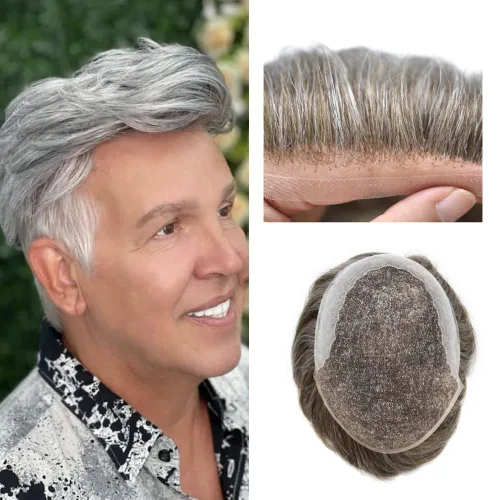Vista 37 de Pieza de cabello para hombres suizo frente encaje frontal tupé europeo Remy sistema de reemplazo de cabello humano nudo blanqueado línea capilar
