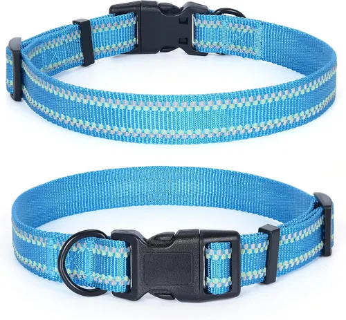 Vista 19 de Mile High Life - Collar para perro con rayas reflectantes 3M y correa de nailon, rojo, azul, verde, morado y rosa