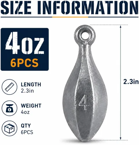 Vista 2 de Pesas de pesca plomadas, plomos de banco con forma de lágrima y ojal 6 piezas-4oz
