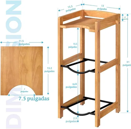 Vista 2 de Soporte para jarra de agua de 5 galones con estantes superiores, soporte dispensador de agua de madera maciza natural de 31 pulgadas de alto