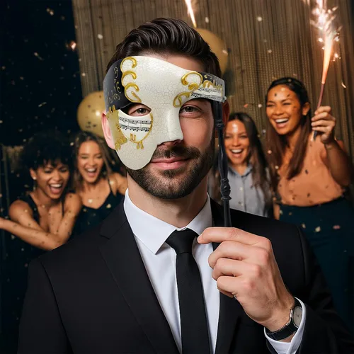 Vista 3 de Thmyo Handheld Half Face Men's Phantom Of The Opera Vintage Venetian Carnival Masquerade Mask with Holding Stick