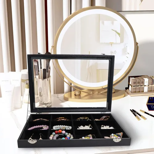 Vista 2 de Wuligirl - Bandeja organizadora de anillos con 100 ranuras y tapa transparente, organizador apilable de joyas como aretes, collares y anillos