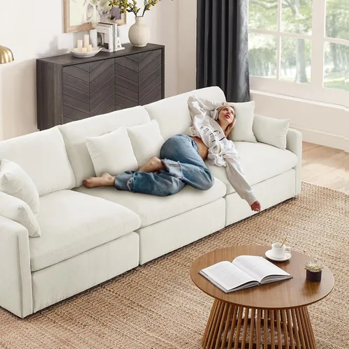 Vista 7 de Juego de sofá modular en forma de L con otomana, sofá de asiento profundo de combinación libre con relleno de plumas de plumón, 10 almohadas, sofá