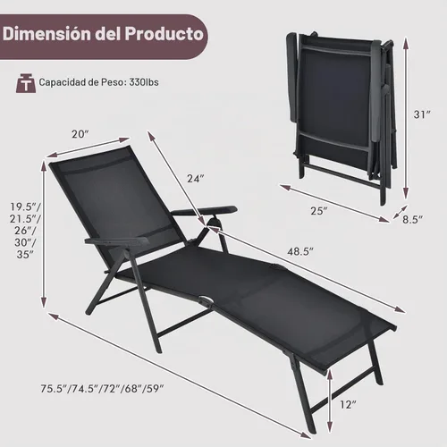Vista 3 de Tangkula Sillón plegable para exteriores, tumbona reclinable con respaldo ajustable de 5 posiciones y reposapiés de 2 posiciones, no requiere Negro