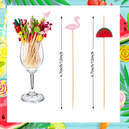 Vista 2 de 160 piezas de accesorios de decoración de bebidas de cóctel, 60 sombrillas de cóctel, 100 selecciones de frutas, palma de coco de verano, palillos
