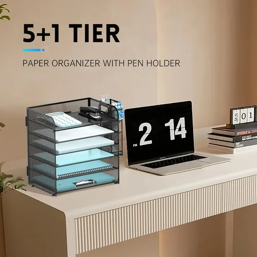 Vista 2 de SUPEASY Organizador de escritorio de 6 niveles con 4 soportes para bolígrafos, organizador de papel de malla con asa, bandeja organizadora de Negro