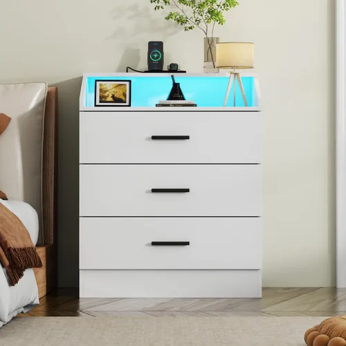 Vista 22 de Gyfimoie Cómoda de 6 cajones con toma de corriente, cómoda con luz LED, cómoda moderna con cubículo de almacenamiento abierto, organizador de Negro