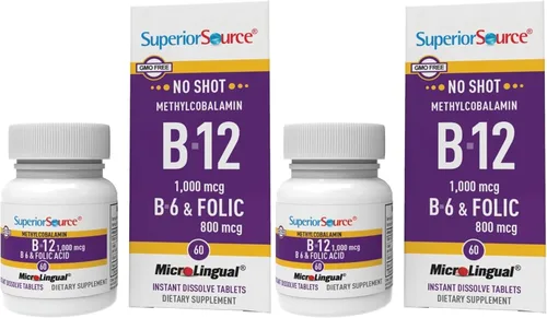 Vista 13 de Superior Source No Shot Vitamina B12 Metilcobalamina (1000 mcg), B6, ácido fólico, tabletas microlingües de disolución rápida, 60 unidades, aumenta