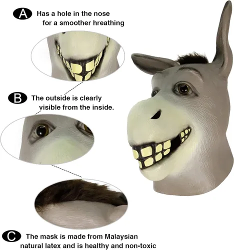 Vista 5 de Demi Sharky Linda máscara de burro para Halloween, disfraz de fiesta de animales, accesorios de cosplay de látex para adultos (burro)