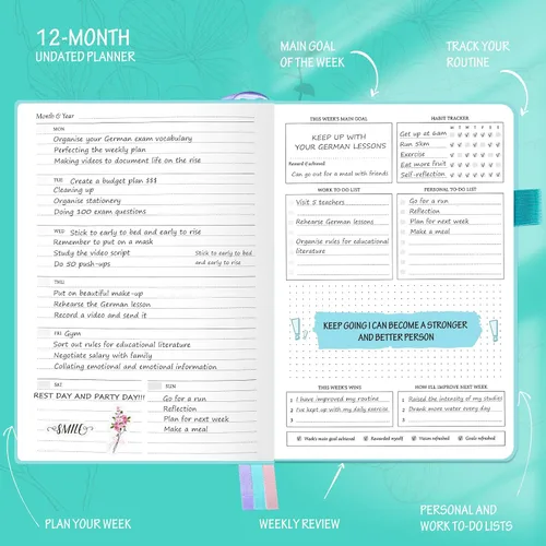 Vista 4 de Planificador semanal y mensual lujoso sin fecha para aumentar la productividad, alcanzar tus objetivos, cuaderno organizador, diario de gratitud
