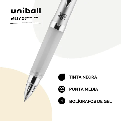 Vista 2 de Uni-Ball 207 Premier, pluma de gel retráctil, punta mediana (1.0mm), negra, 1 paquete Ultra-soft cushioned grip, nano fiber ink, uni Super Ink