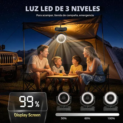 Vista 5 de Ventilador de camping recargable de 9 pulgadas 【Oscilante automático, máximo 60H】Ventilador portátil de 20000 mAh, funciona con pilas, luz Negro