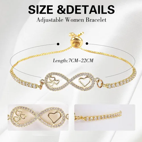 Vista 5 de Pulsera con dije de corazón infinito, pulsera de corazón de amor para mujer, 14 quilates de circonita cúbica, ajustable, pulsera de cadena de tenis