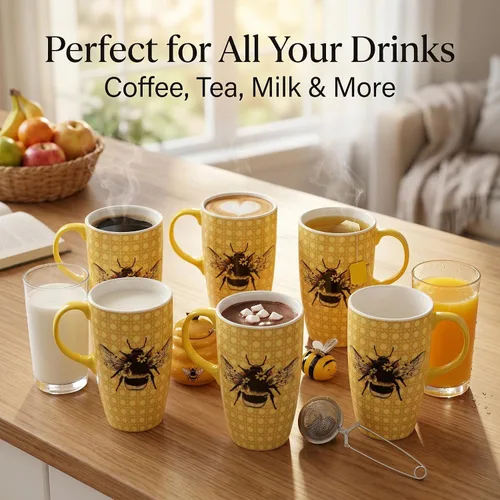 Vista 6 de DUSVALLY Taza de cerámica grande Taza de café alta Tazas de viaje de porcelana Taza de café con tapa de 17 onzas, Abeja