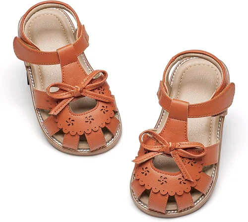 Vista 26 de Sandalias de verano para niñas con puntera abierta, sandalias planas de princesa con suela cómoda D742 Oro