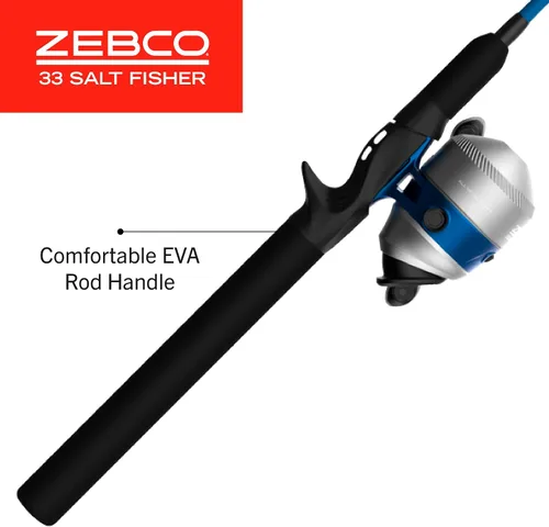 Vista 7 de Zebco Salt Fisher 33 Spincast - Combo de carrete y caña de pescar, 6 pies 6 pulgadas, 2 piezas de potencia media-pesada, varilla de fibra de vidrio