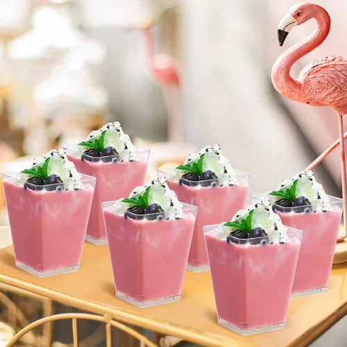 Vista 6 de SHOPDAY Vasos de postre de plástico de 5 oz: paquete de 30 vasos cuadrados transparentes con cucharas, pequeños vasos de parfait, mini vasos