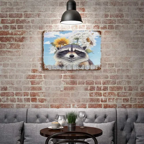 Vista 5 de Zomyto Cartel de metal con imágenes de mapache para pared, lindo mapache con girasol, letreros de lata novedosos para habitación de niños, póster