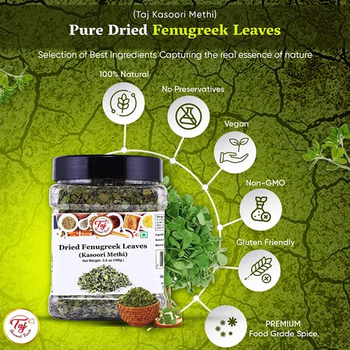 Vista 4 de TAJ Kasoori Methi Hojas de fenogreco secas Producto de India 1oz (28g)