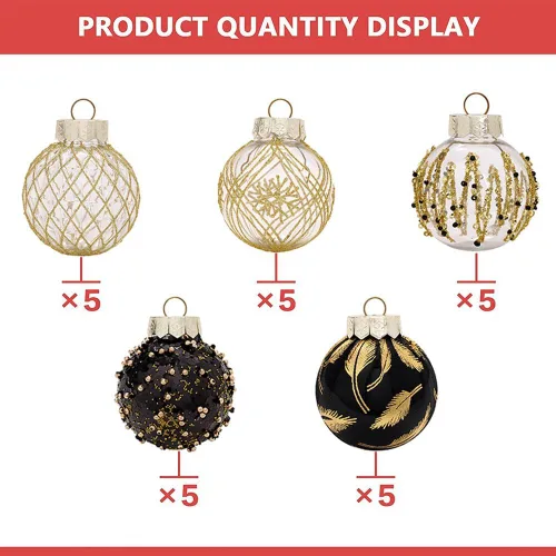 Vista 3 de 25 bolas de Navidad de 2.36 pulgadas, inastillables, adornos colgantes para árbol de Navidad, decoraciones de Navidad, color negro y dorado