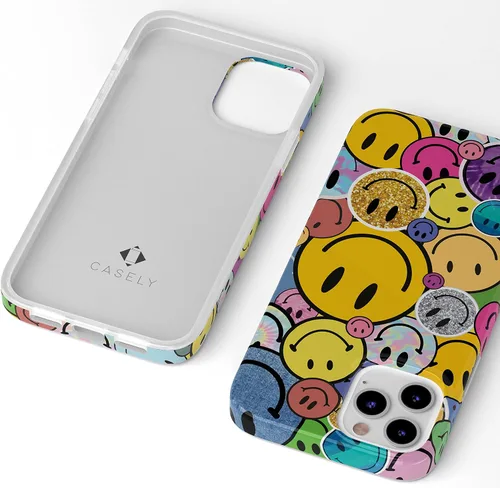 Vista 2 de Casely Funda para iPhone 12/12 Pro Todas las Sonrisas Adhesivo de Cara Sonriente Diseño Clásico Ultra Delgado