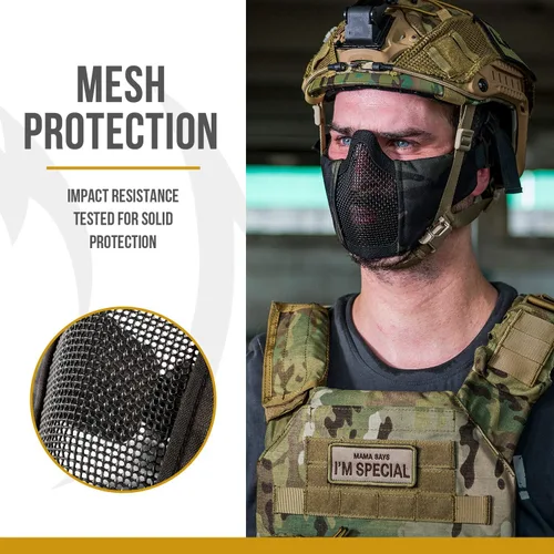 Vista 3 de OneTigris Foldable Tactical Airsoft Mesh Half Mask Helmet Compatible 800FPS ANSI Z80.3 certified,soft foam cheek pads,skull cap strap included