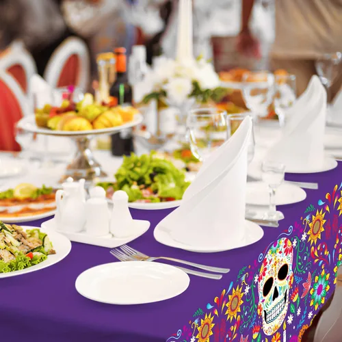 Vista 4 de Mantel desechable para fiesta del Día de los Muertos, mantel desechable de plástico con calavera de azúcar para decoración de fiesta del Día