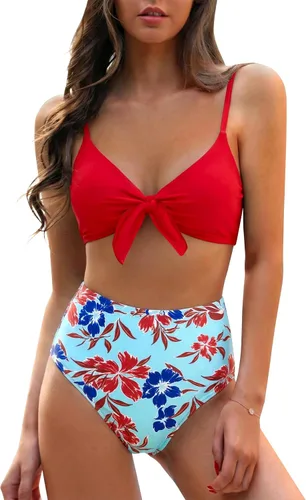Vista 25 de Blooming Jelly - Conjunto de bikini de cintura alta para mujer, de dos piezas, con nudo, trajes de baño de talle alto Bandera americana A9