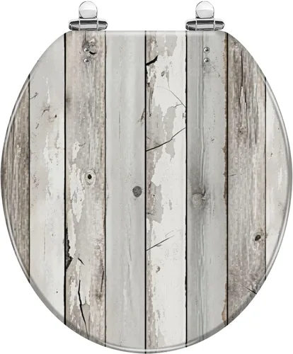 Vista 18 de Asiento de inodoro alargado con textura de tablón de madera blanca envejecida, asiento de inodoro de resina con encanto rústico con bisagras