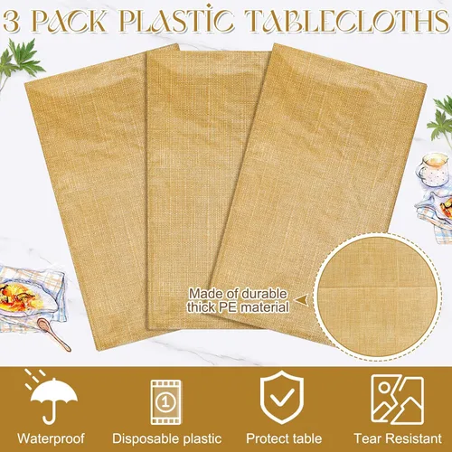 Vista 4 de Preboun Mantel con estampado de arpillera de 3 piezas, mantel rústico de granja, rectangular, impermeable, para fiestas al aire libre, hogar