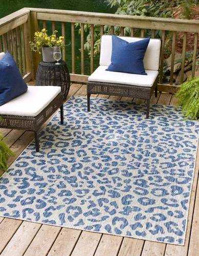 Vista 35 de Unique Loom colección Outdoor Safari Alfombra para exteriores - Leopardo (13' redonda, azul/gris)