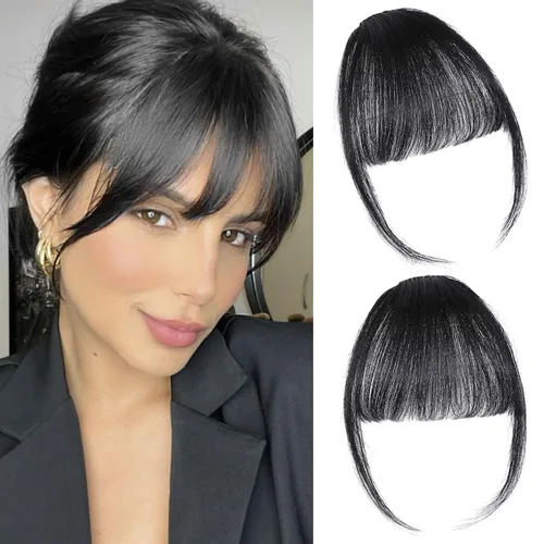 Vista 16 de ELEFOCUS Flequillo con clip, extensiones de cabello humano 100% real, flequillo falso francés 18#, clip de cabello en flequillo para mujeres, flecos