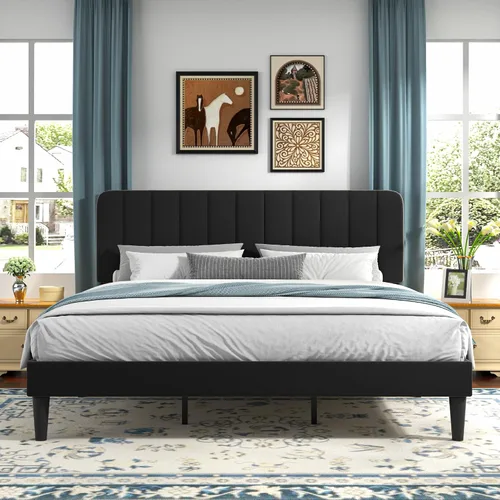 Vista 37 de VECELO Base de cama tapizada de tamaño matrimonial con 4 cajones y cabecero, plataforma de terciopelo, soporte de listones de madera, no necesita