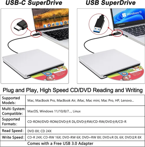 Vista 2 de USB C SuperDrive para Mac: Unidad externa de CD/DVD para portátil MacBook Apple Ranura Grabadora de CD Reproductor de DVD Plug and Play para PC