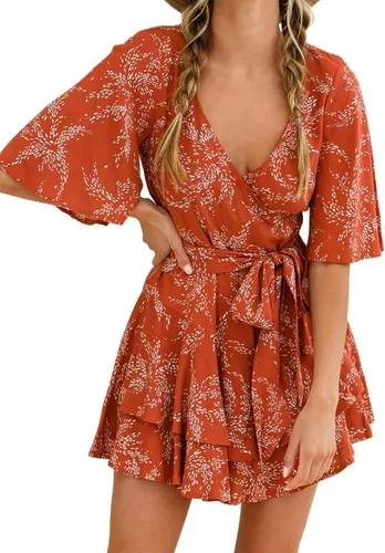 Vista 3 de Relipop Enterizo de verano para mujer, diseño floral, cuello en V, manga corta, cintura con nudo y dobladillo con volantes, overol corto casual