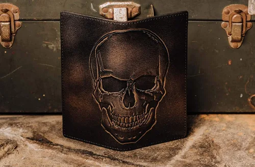 Vista 5 de HOJ Co SkULL - Cartera larga para hombre cuero de grano completo con acabado pulido a mano billetera larga plegable Cartera de roeo billetera