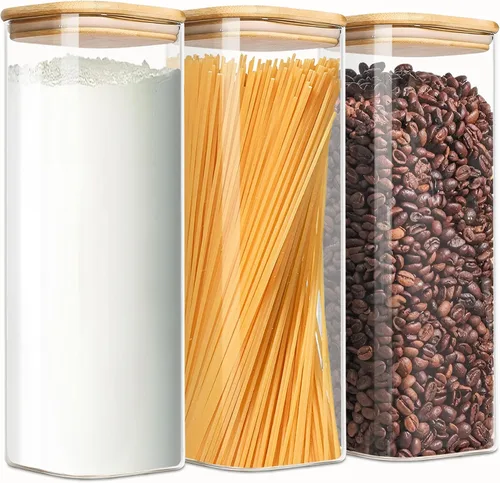 Vista 8 de Envases de almacenamiento de vidrio con tapas, tarro de almacenamiento de alimentos transparente con tapa de bambú sellada para fideos, harina