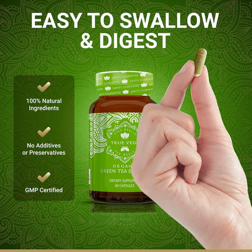 Vista 3 de Cápsulas de extracto de té verde orgánico - Certificado orgánico USDA 60 cápsulas de té verde Pastillas de té verde Extracto de té verde EGCG