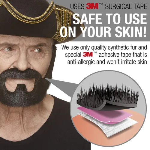 Vista 2 de Mustaches - Barba postiza y autoadhesiva de persona bajo fianza, accesorio de disfraz facial postizo para adultos, color negro brillante