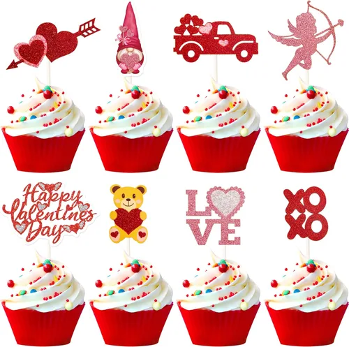 Vista 2 de Ceiba Tree 24 piezas de decoración para cupcakes para el día de San Valentín, con purpurina, corazón, amor, San Valentín, alimentos, suministros