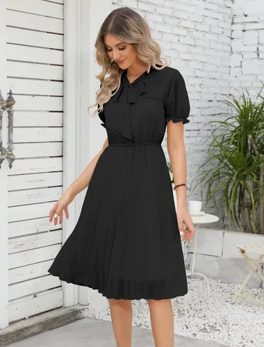Vista 4 de HAOKEKE Vestido estampado de mujer de manga larga vestido de gasa retro marrón rejilla plisada botones abajo pajarita hada señora vestido